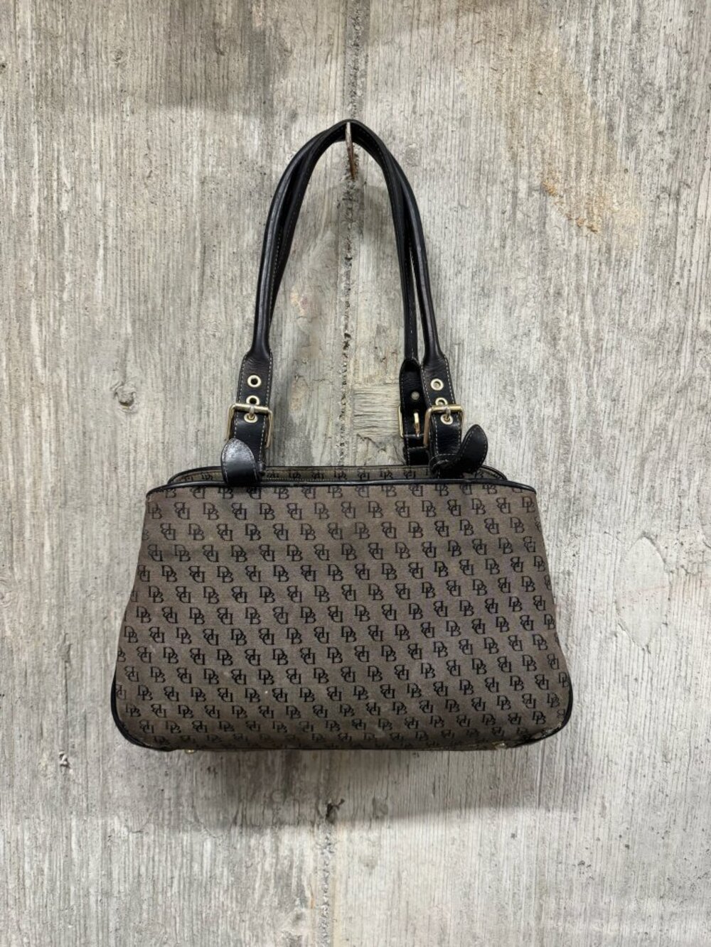 Vintage Dooney & Bourke Monogram Shoulder Bag with Leather Buckle Straps
